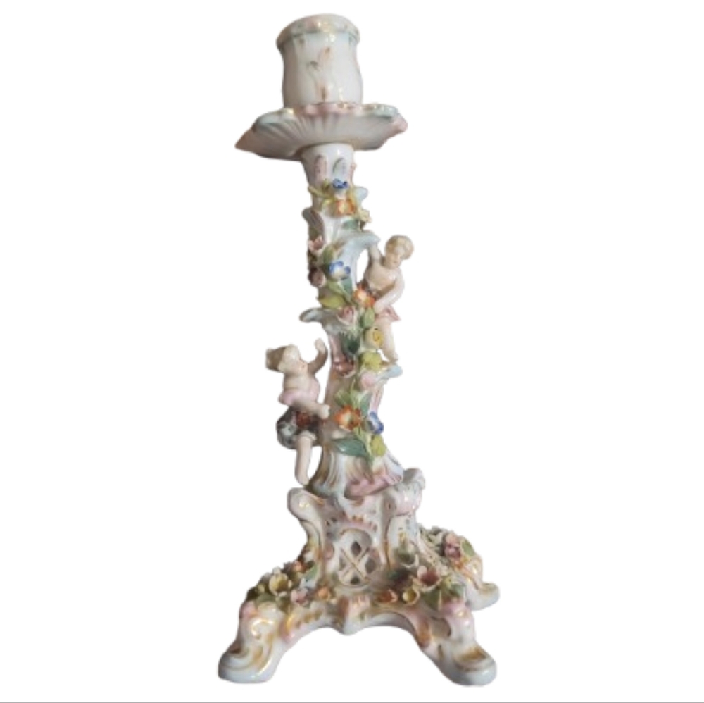 Antique-Style Floral Rococo Porcelain Taper Candle Holder - Grandmillennial Home